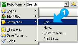 Choose the 'Edit' option from the Safenotes menu