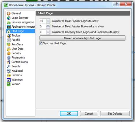 Start Page Settings