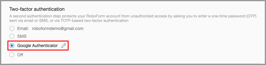 showing that two factor authentication is now enabled in the RoboForm extension’s settings menu.