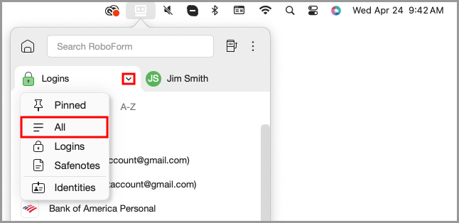 The All tab in the RoboForm menu bar icon’s menu.