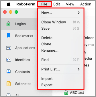 the RoboForm File menu in the menu bar.