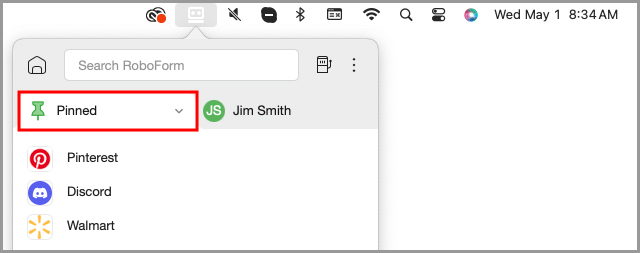 the Pinned list in the RoboForm menu bar icon.