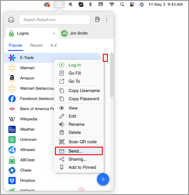 showing the option to send a RoboForm item from the RoboForm menu bar icon or extension.