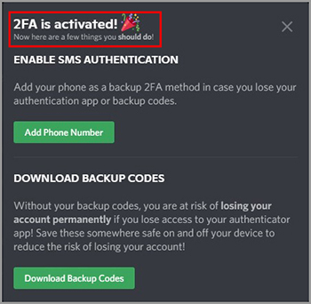 Confirmation that 2FA is enabled.