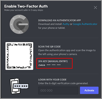 2FA secret key for manual entry.