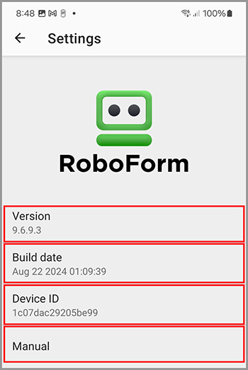 The About tab in the Settings menu on Android.