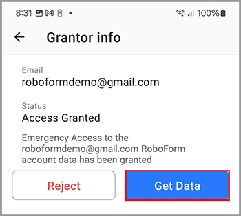 The option to view and download the grantor’s data.