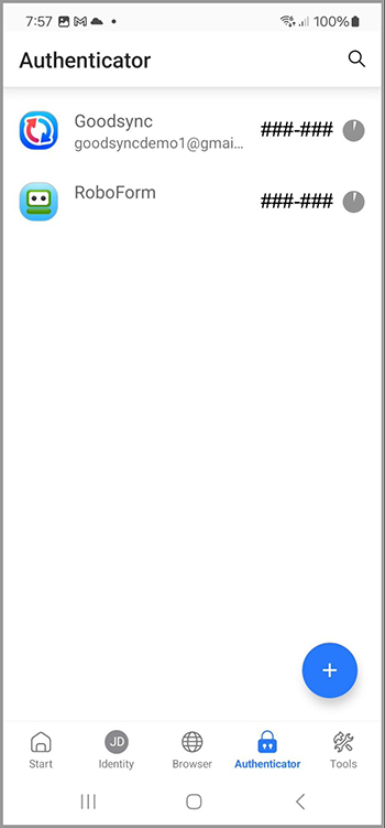 The Authenticator tab Android.