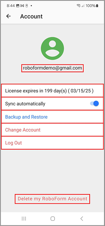 The Account tab in the Settings menu on Android.