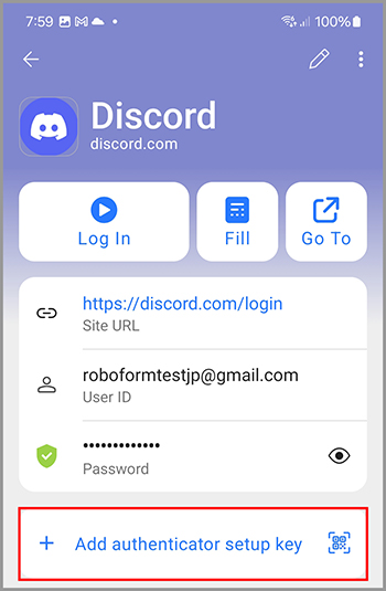 The option to add an authenticator setup key to a Login.