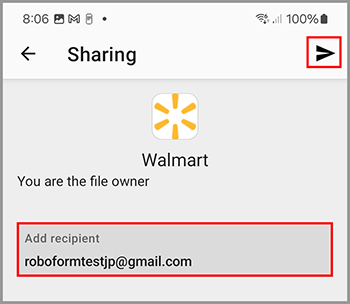 The RoboForm Sharing Screen Android.