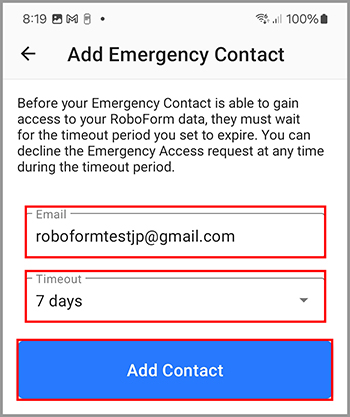 Enter email address and timeout period for the new Emergency Contact.