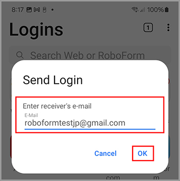 The RoboForm Sending screen.