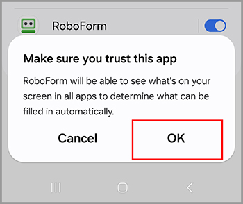 Message asking for confirmation that you trust RoboForm.