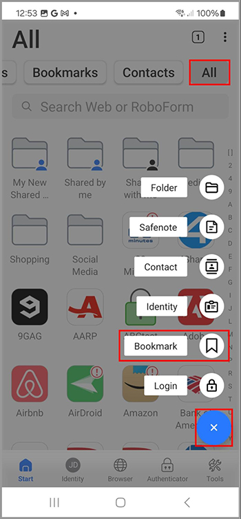 The Create New Bookmark button Android.