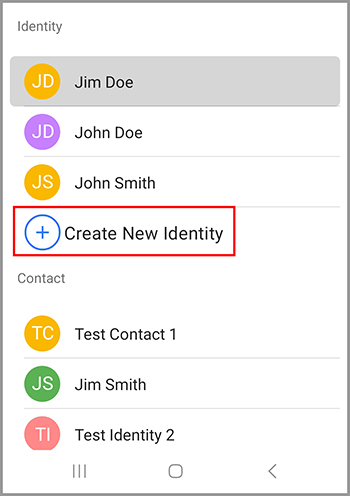 The option to Create New Identity Android.