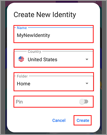 The Create New Identity window Android.