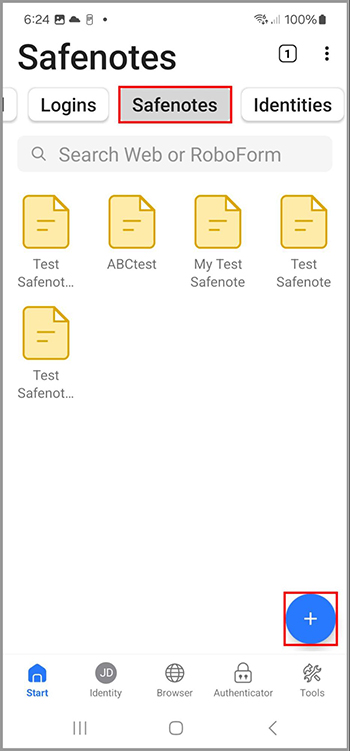 The Create New Safenote button Android.