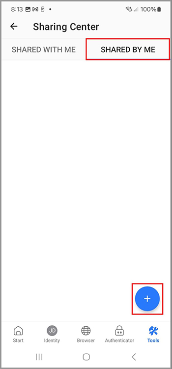 Create New Shared Folder button Android.