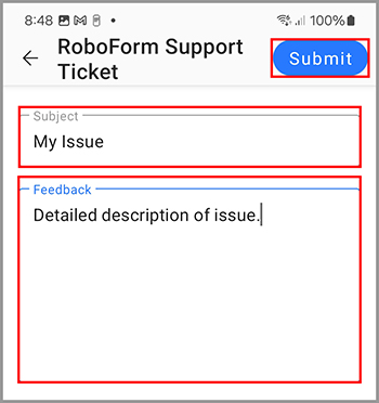 The Contact Support tab in the Settings menu on Android.