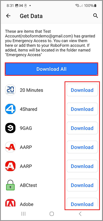 The option to download individual items or all data from the grantor.