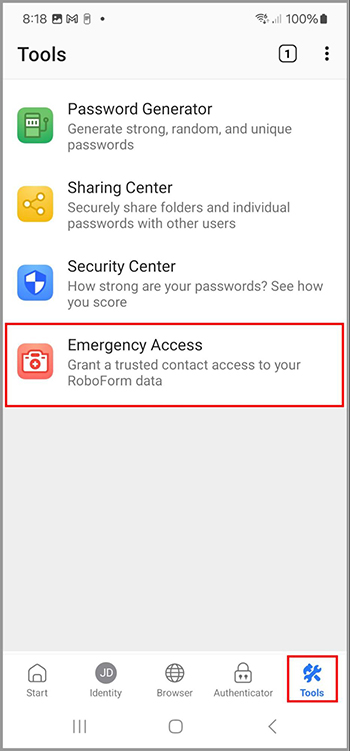 The Emergency Access page in the Tools tab Android.