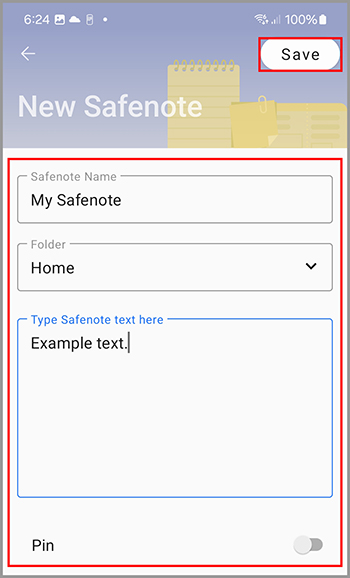 Filled out Safenote ready to be saved.