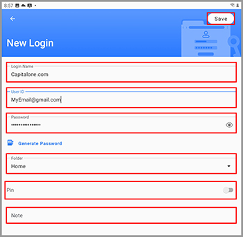 Filled out new Login ready to be saved.