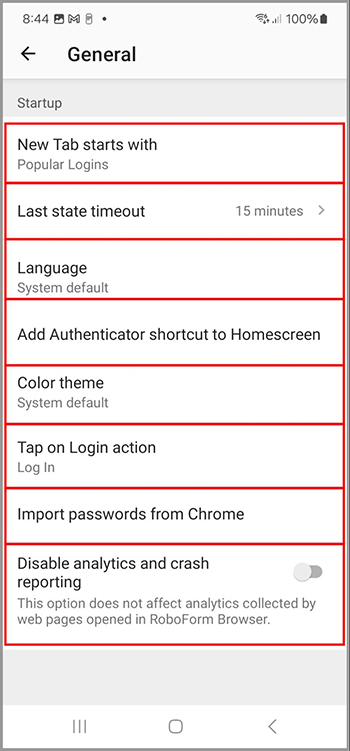 The General tab in the Settings menu on Android.