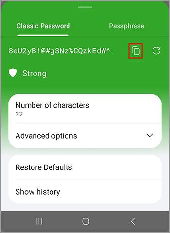 The copy button in the RoboForm password generator.