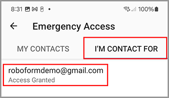 The I’m Contact For tab in Emergency Access.