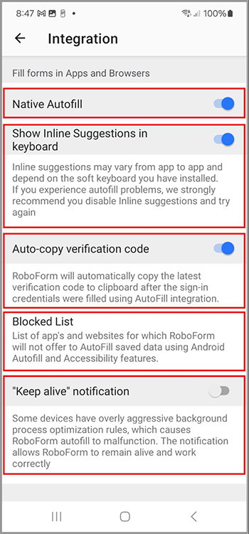 The Integration tab in the Settings menu on Android.