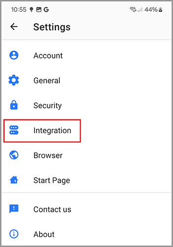 The Integration tab in the Settings menu Android.