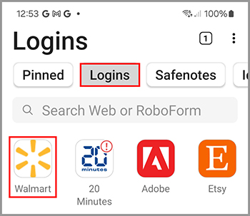 A Login in the Logins tab Android.