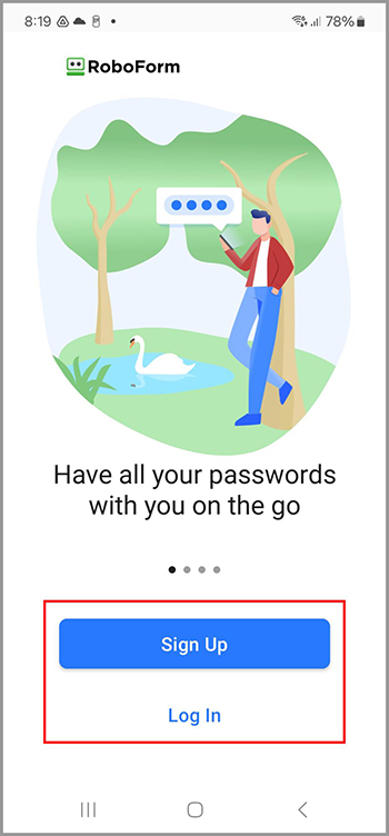 RoboForm Sign Up or Log In page.