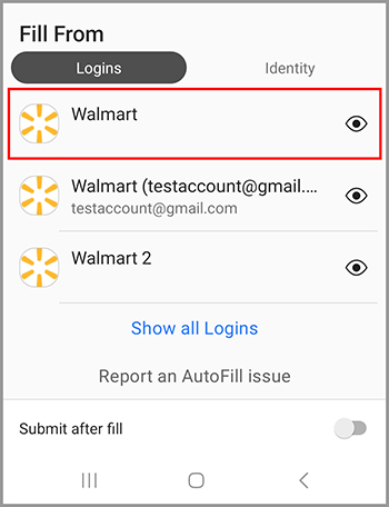 Selecting a Login to fill from.
