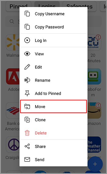 The option to Move an item into another folder Android.