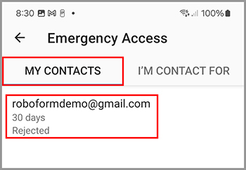 The My Contacts tab in Emergency Access.
