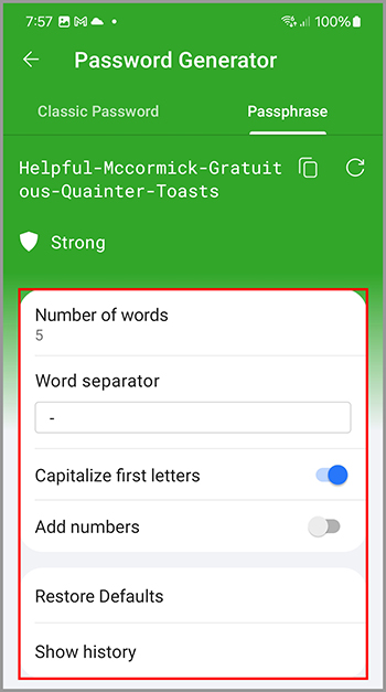 The available options in the RoboForm Passphrase Generator.