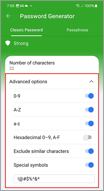 The advanced options in the RoboForm Password Generator.