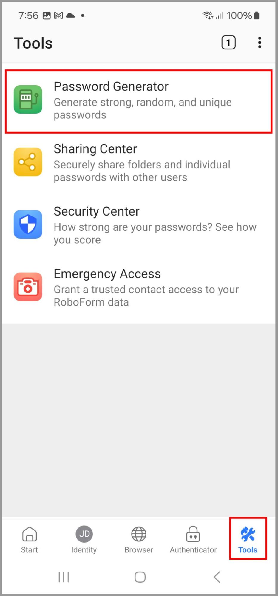 The RoboForm Password Generator in the Tools tab Android.