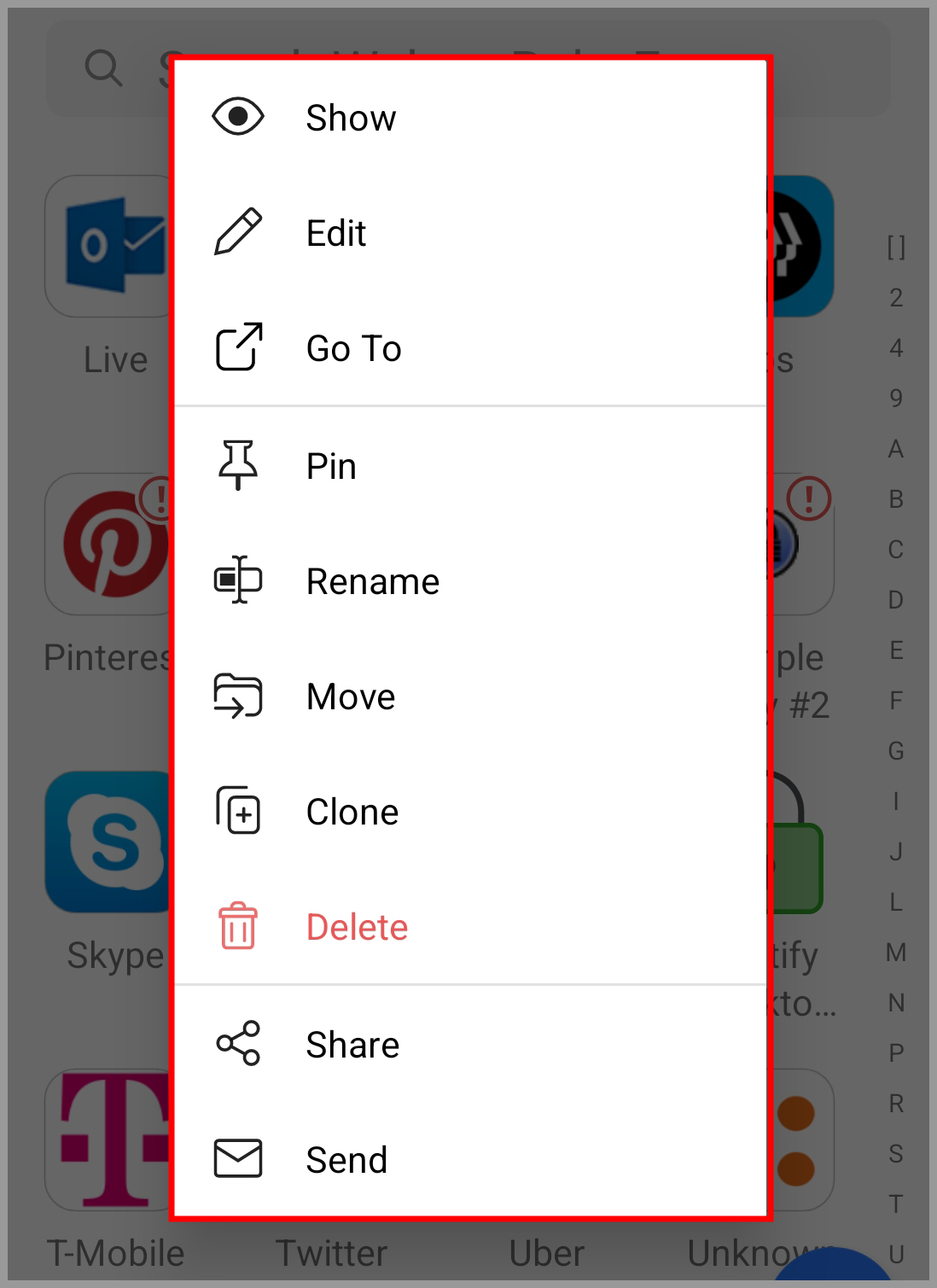 The available options for a Bookmark Android.