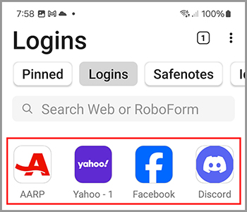 Logins in the Logins tab Android.