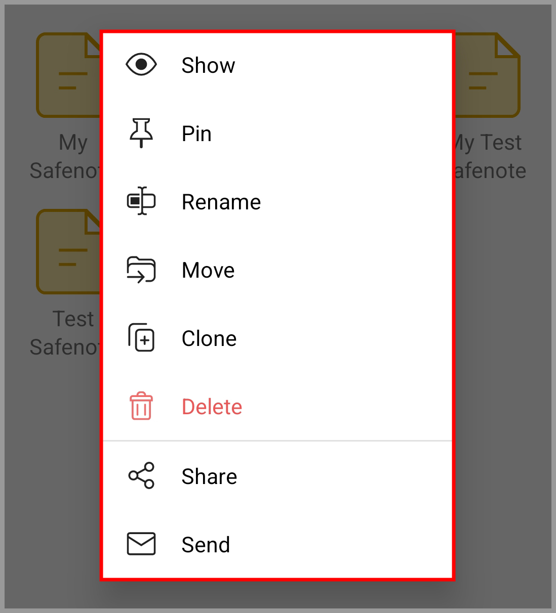 The available options for a Safenote Android.