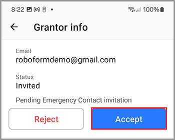 Options to accept or reject Emergency Contact invitation.