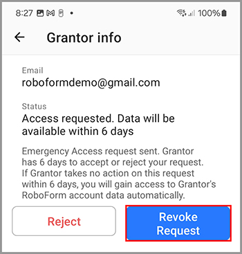 Option to revoke request to access grantor’s data.