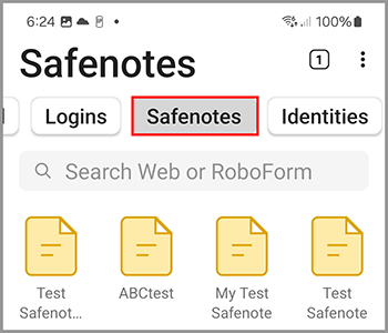 The Safenotes menu Android.