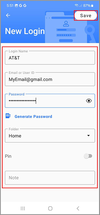 Filled out Login ready to be saved.