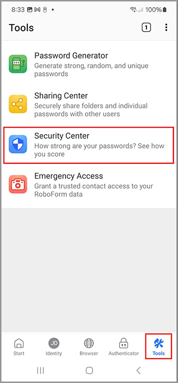 The Security Center in the Tools menu Android.