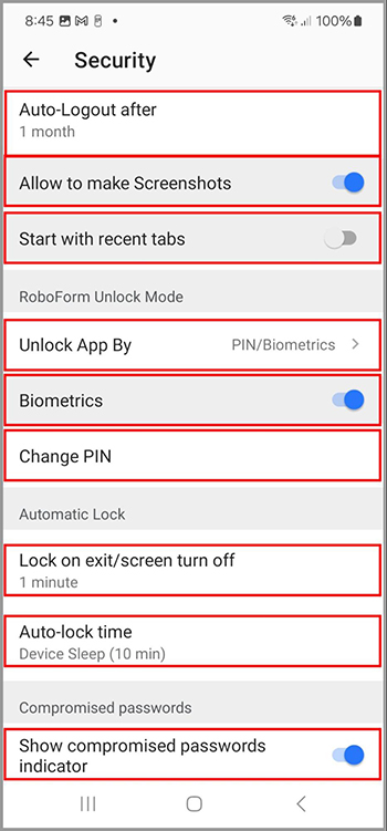 The Security tab in the Settings menu on Android.